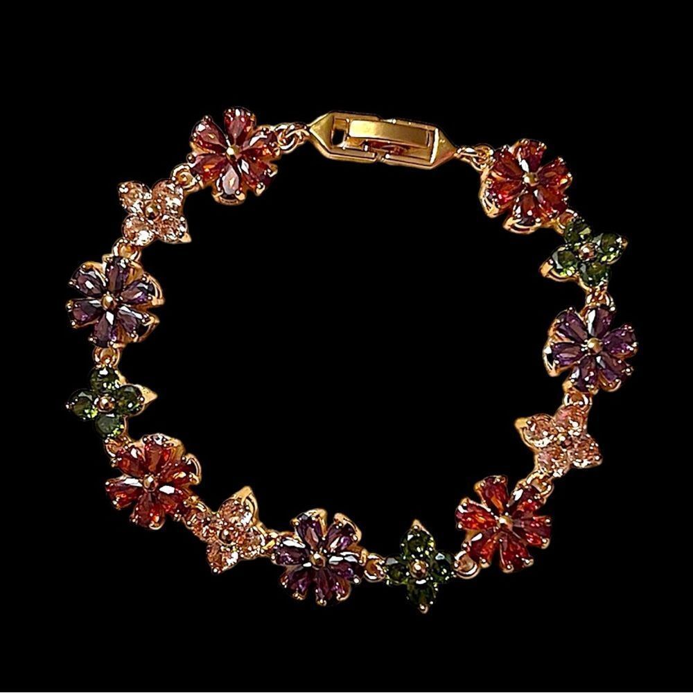 Gold Filled Multi-color Cubic Zirconia Flower Tennis Bracelet NWOT